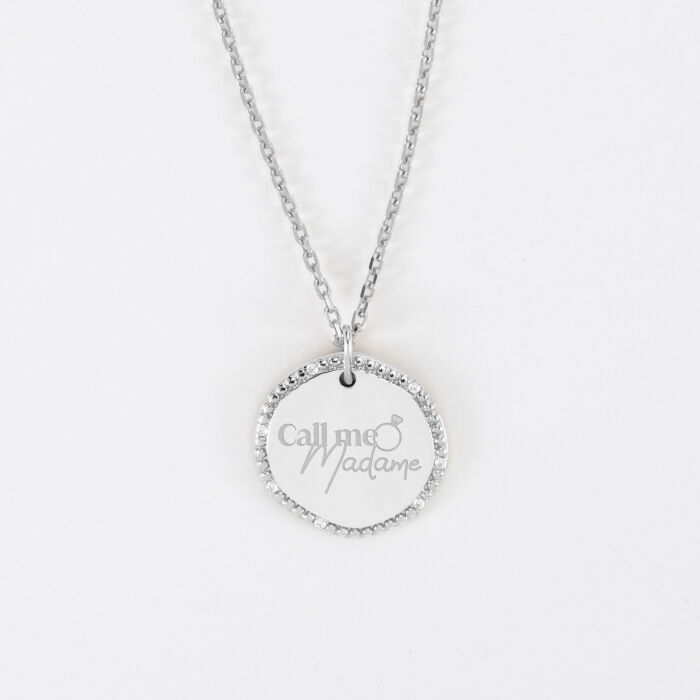 Pendentif personnalisé médaille contour scintillant gravée argent 16 mm - Mariée - Call me madame
