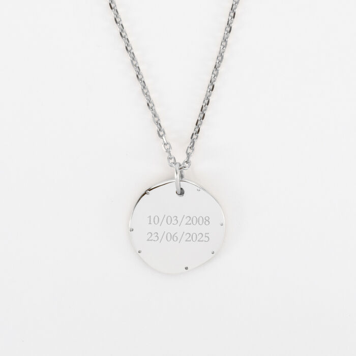 Pendentif personnalisé médaille contour scintillant gravée argent 16 mm - Mariée - Dates
