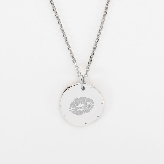 Pendentif personnalisé médaille contour scintillant gravée argent 16 mm - Mariée - Empreinte bisou