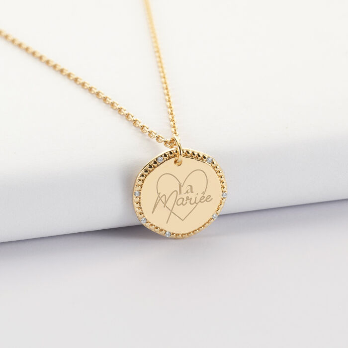 Pendentif personnalisé médaille contour scintillant gravée plaqué or 16 mm - Mariée - La mariée