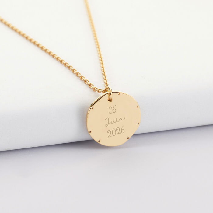 Pendentif personnalisé médaille contour scintillant gravée plaqué or 16 mm - Mariée - Date