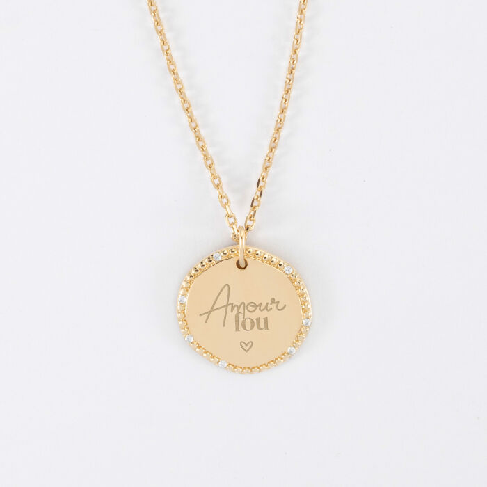 Pendentif personnalisé médaille contour scintillant gravée plaqué or 16 mm - Mariée - Amour fou