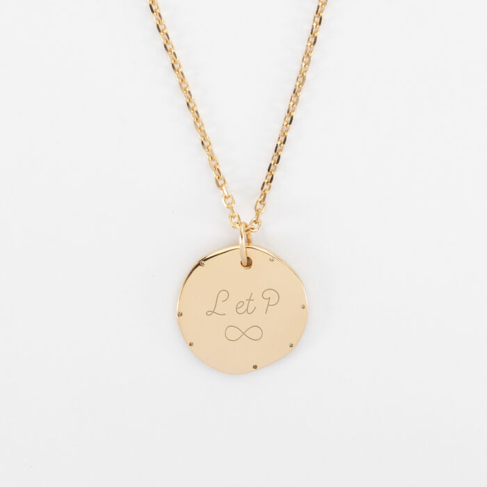 Pendentif personnalisé médaille contour scintillant gravée plaqué or 16 mm - Mariée - Initiales