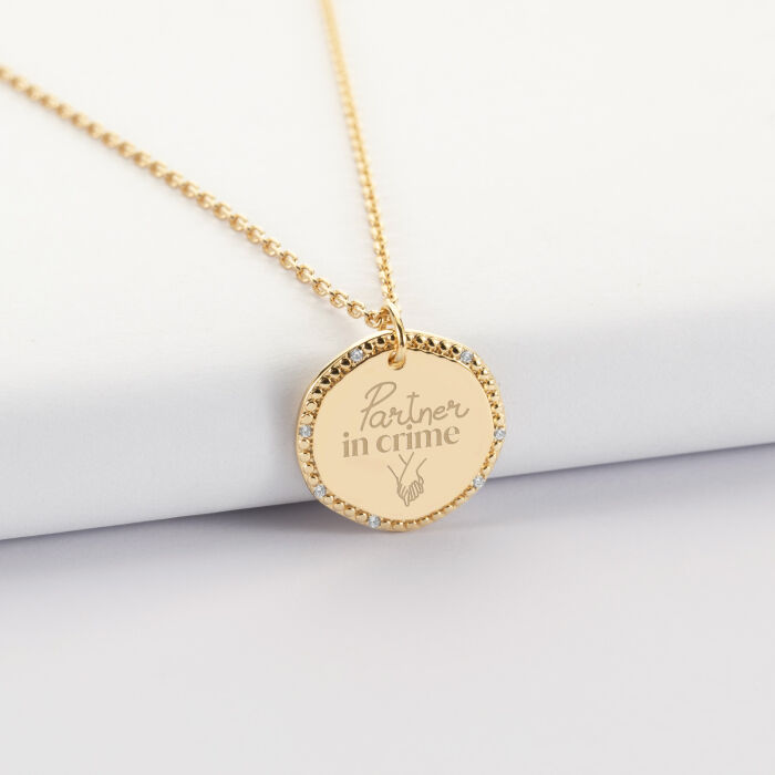 Pendentif personnalisé médaille contour scintillant gravée plaqué or 16 mm - Mariée - Partner in crime
