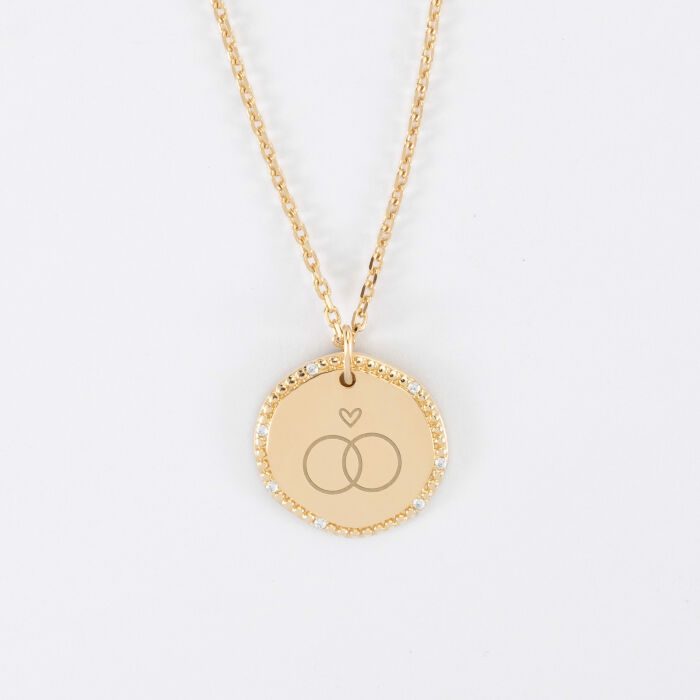 Pendentif personnalisé médaille contour scintillant gravée plaqué or 16 mm - Mariée - Illustration alliances