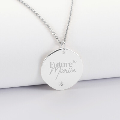 Pendentif personnalisé médaille scintillante gravée argent 20 mm - Mariée - Future mariée