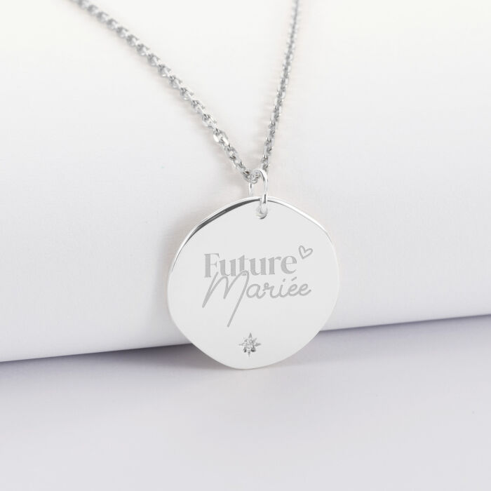 Pendentif personnalisé médaille scintillante gravée argent 20 mm - Mariée - Future mariée