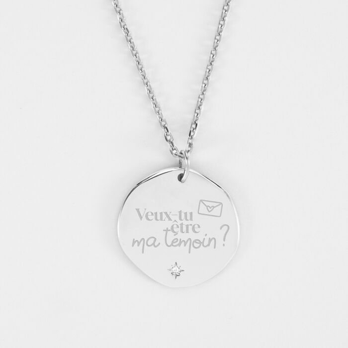 Pendentif personnalisé médaille scintillante gravée argent 20 mm - Mariée - Veux tu être ma témoin