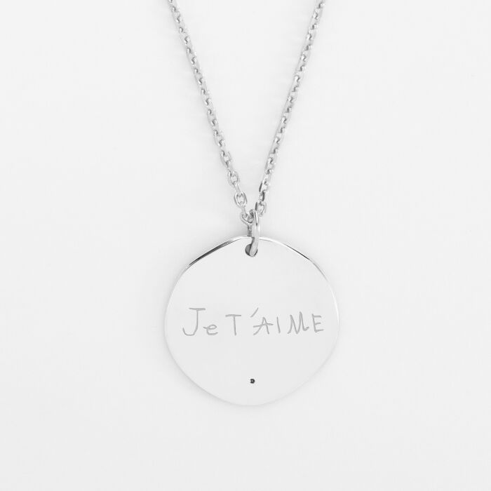 Pendentif personnalisé médaille scintillante gravée argent 20 mm - Mariée - Ecriture