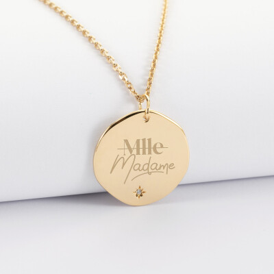 Pendentif personnalisé médaille scintillante gravée plaqué or 20 mm - Mariée - Mlle Madame
