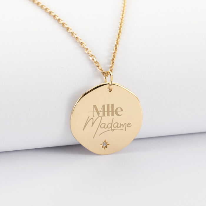 Pendentif personnalisé médaille scintillante gravée plaqué or 20 mm - Mariée - Mlle Madame