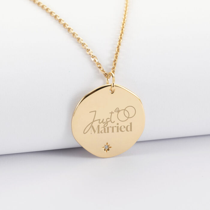 Pendentif personnalisé médaille scintillante gravée plaqué or 20 mm - Mariée - Just married