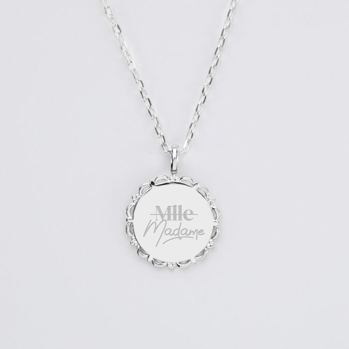 Pendentif personnalisé médaille vintage dentelée gravée argent 17 mm - Mariée