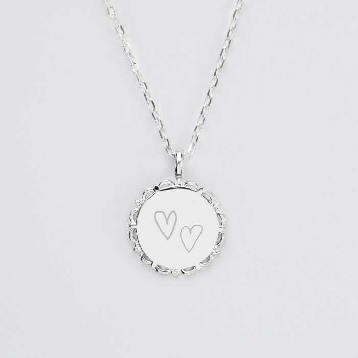 Pendentif personnalisé médaille vintage dentelée gravée argent 17 mm - Mariée - Dessin