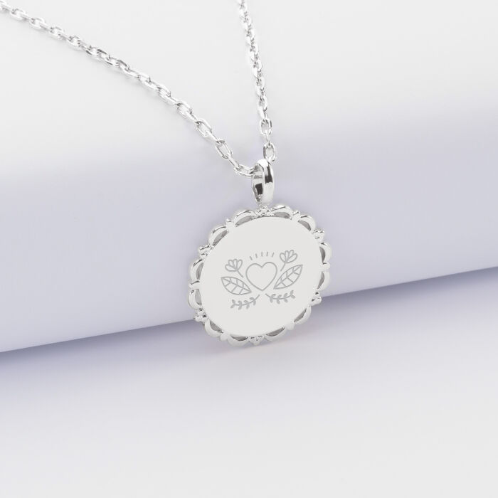 Pendentif personnalisé médaille vintage dentelée gravée argent 17 mm - Mariée - Illustration cœur
