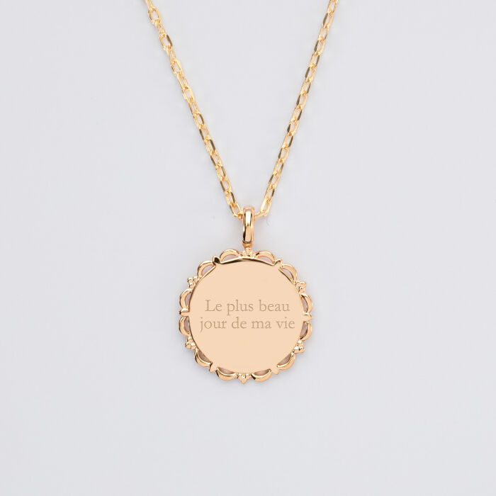 Pendentif personnalisé médaille vintage dentelée gravée plaqué or 17 mm - Mariée - Citation