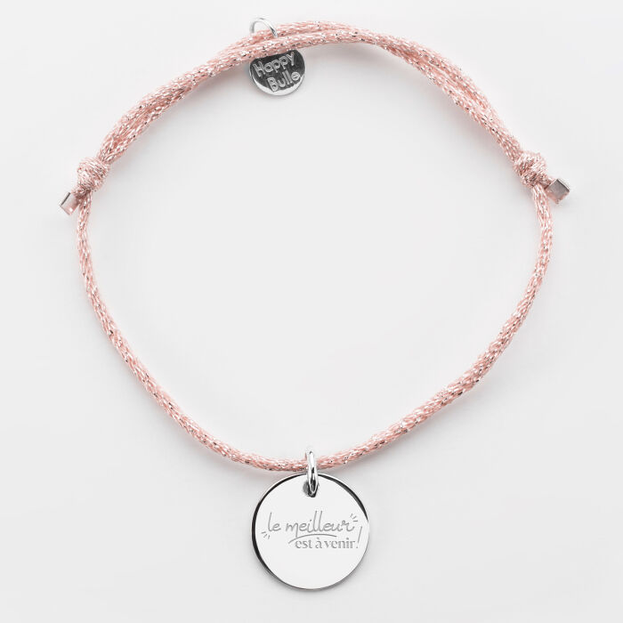 Bracelet personnalisé cordon pailleté médaille gravée argent 15 mm - Mariée - Le meilleur est à venir