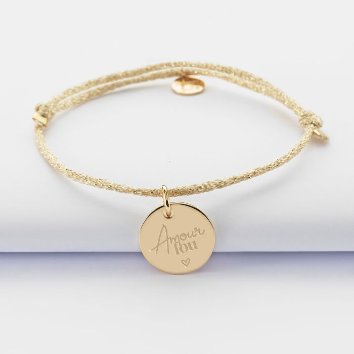 Bracelet personnalisé cordon pailleté médaille gravée plaqué or 15 mm - Mariée - Amour fou