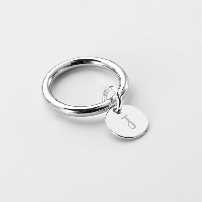 Silver ring and personalised engraved initial medallion 10mm - 2