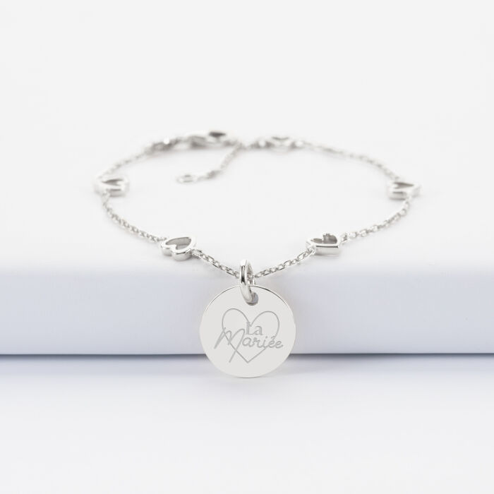Bracelet chaîne cœurs ajourés personnalisé médaille gravée argent 15 mm - Mariée - La mariée
