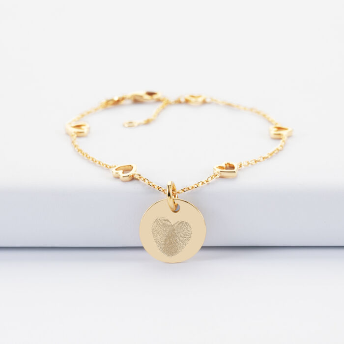 Bracelet chaîne cœurs ajourés personnalisé médaille gravée plaqué or 15 mm - Mariée - Empreintes