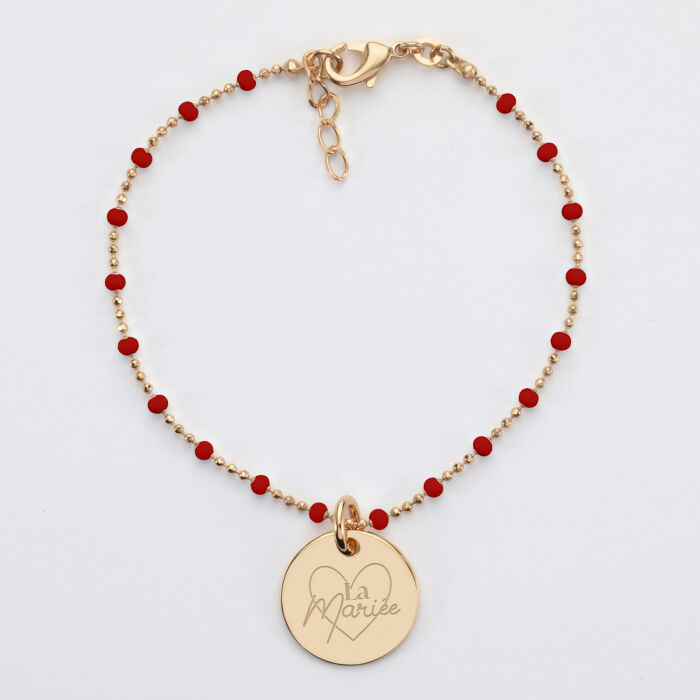 Bracelet perles colorées personnalisé médaille gravée plaqué or 15 mm - Mariée - La mariée