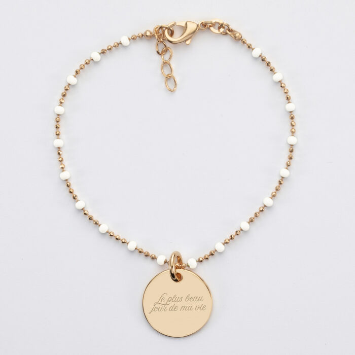 Bracelet perles colorées personnalisé médaille gravée plaqué or 15 mm - Mariée - Texte