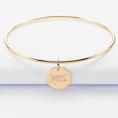 Bracelet personnalisé jonc plaqué or médaille gravée 15 mm - Mariée - Future mariée