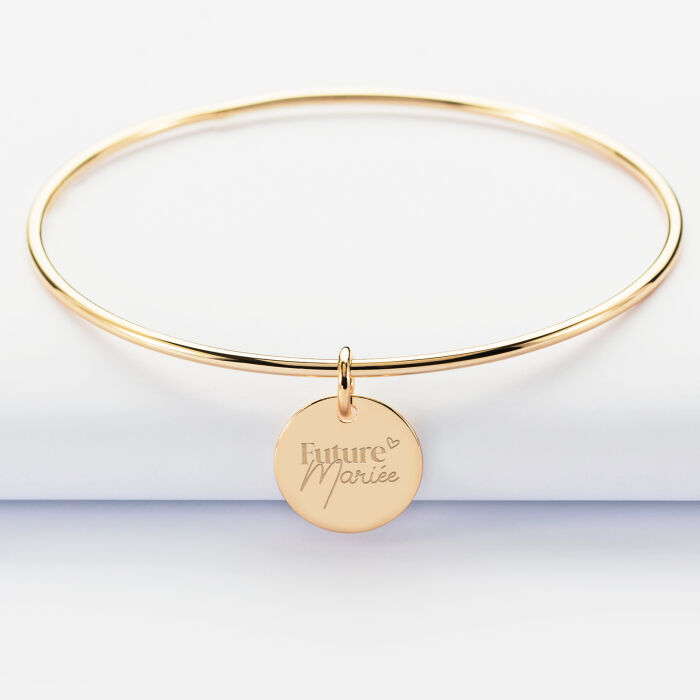 Bracelet personnalisé jonc plaqué or médaille gravée 15 mm - Mariée - Future mariée