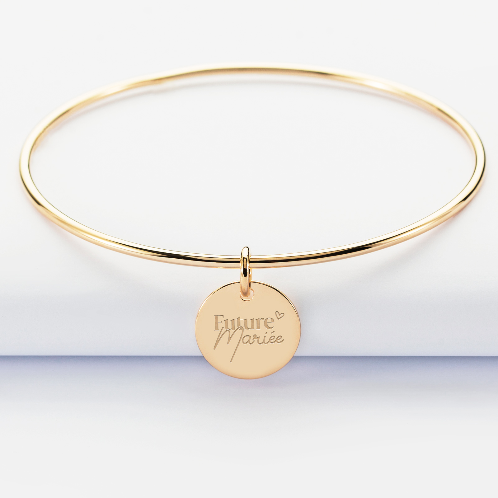 Bracelet Mariée jonc personnalisé médaille plaqué or 15 mm gravée