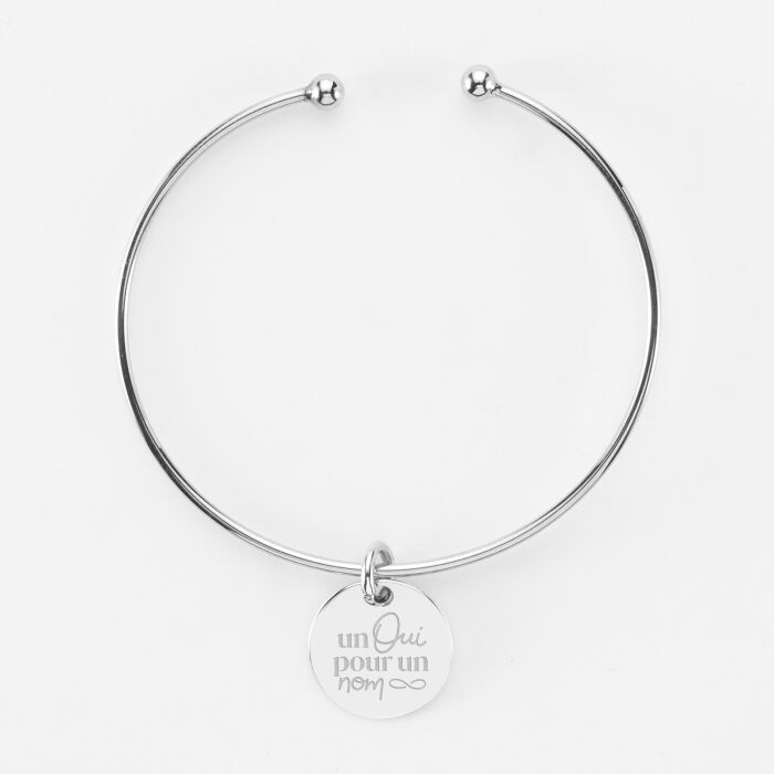 Bracelet Mariée personnalisé jonc ouvert argent médaille gravée 15 mm - Un oui pour un nom infini
