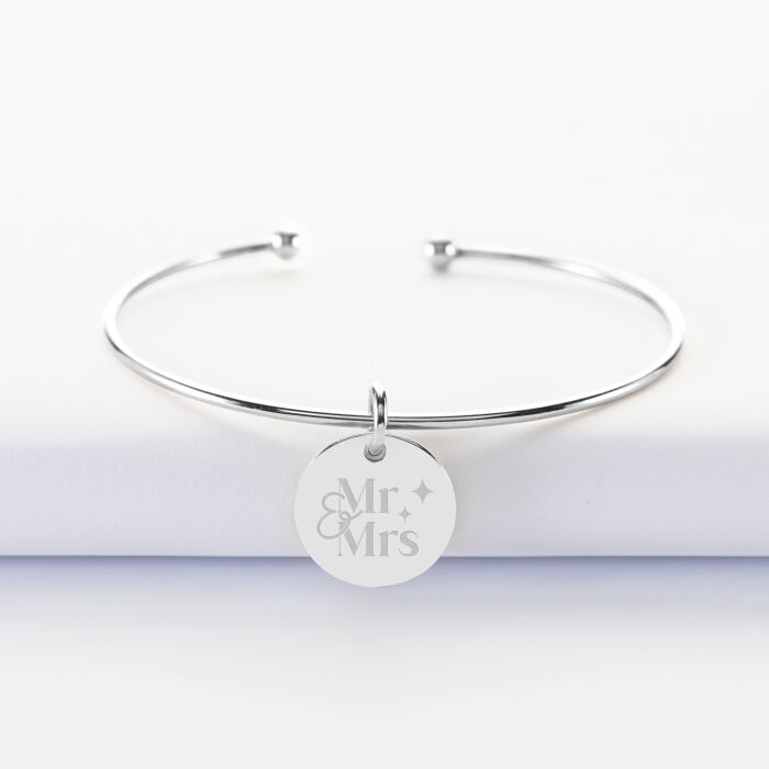 Bracelet Mariée personnalisé jonc ouvert argent médaille gravée 15 mm - Mr&Mrs