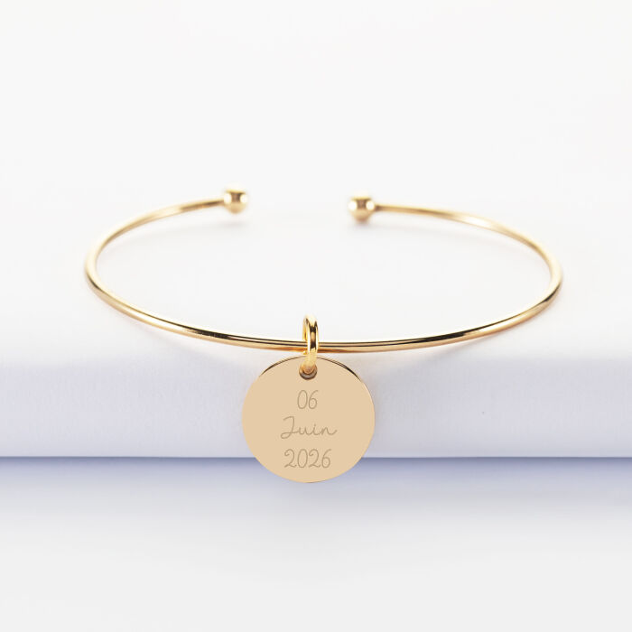 Bracelet personnalisé jonc ouvert boules plaqué or médaille gravée 15 mm - Mariée - Date