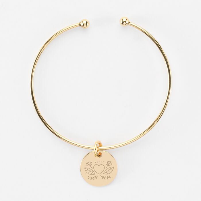 Bracelet personnalisé jonc ouvert boules plaqué or médaille gravée 15 mm - Mariée - Illustration cœur