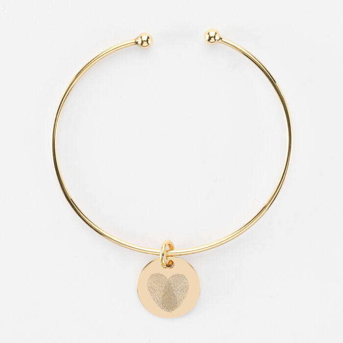 Bracelet personnalisé jonc ouvert boules plaqué or médaille gravée 15 mm - Mariée - Empreintes