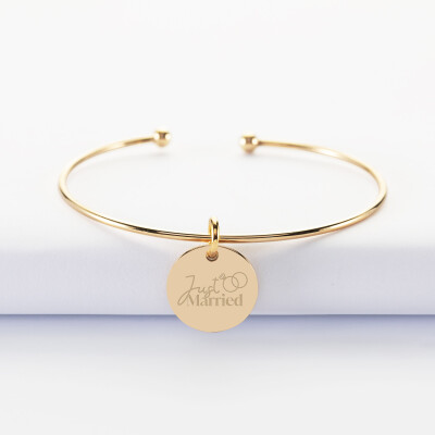 Bracelet personnalisé jonc ouvert boules plaqué or médaille gravée 15 mm - Mariée - Just married