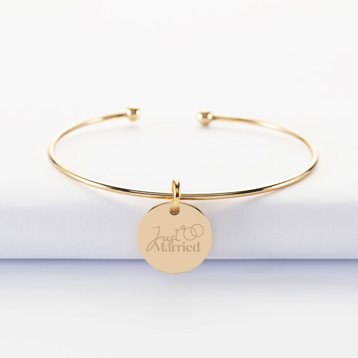 Bracelet personnalisé jonc ouvert boules plaqué or médaille gravée 15 mm - Mariée - Just married