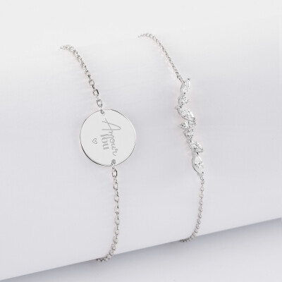 Duo bracelets personnalisés chaine barrette scintillante et médaille gravée argent 2 trous 15 mm - Mariée - Amour fou