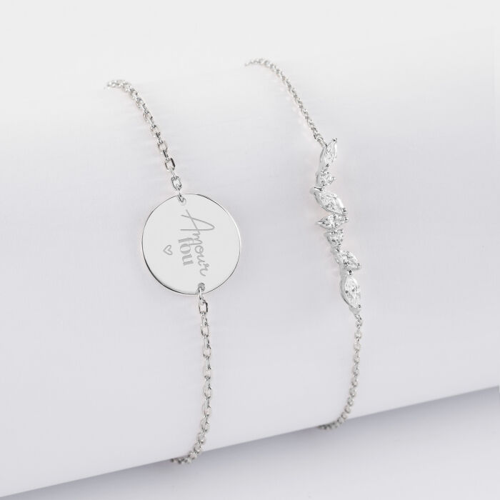 Duo bracelets personnalisés chaine barrette scintillante et médaille gravée argent 2 trous 15 mm - Mariée - Amour fou