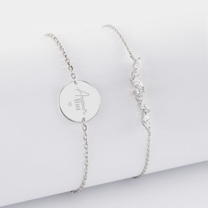 Duo bracelets personnalisés chaine barrette scintillante et médaille gravée argent 2 trous 15 mm - Mariée - Amour fou