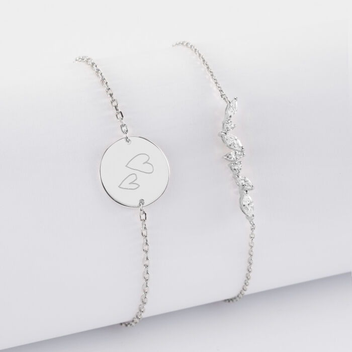 Duo bracelets personnalisés chaine barrette scintillante et médaille gravée argent 2 trous 15 mm - Mariée - Dessin