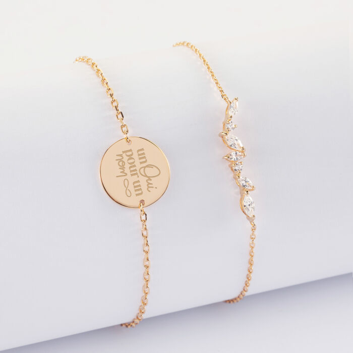 Duo bracelets personnalisés chaine barrette scintillante et médaille gravée plaqué or 2 trous 15 mm - Mariée - Un oui pour un nom infini