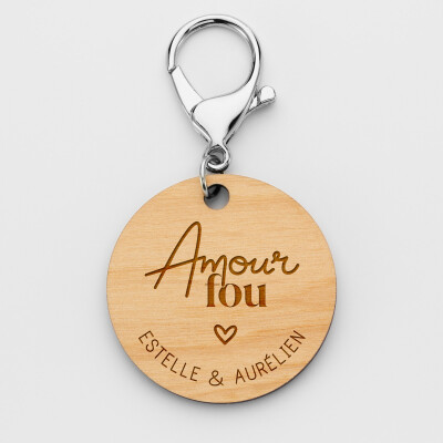 Porte-clés personnalisé gravé bois médaille ronde 50 mm - Mariée - Amour fou
