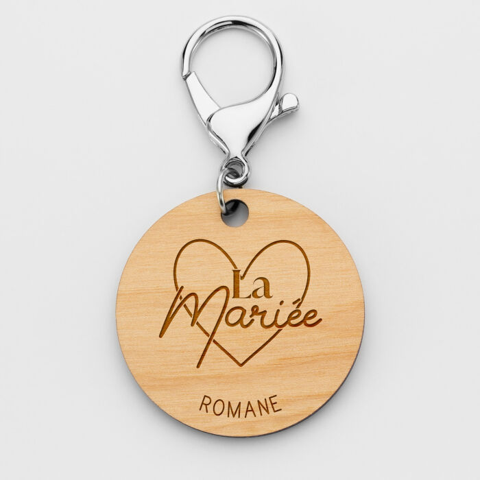 Porte-clés personnalisé gravé bois médaille ronde 50 mm - Mariée - Illustration La mariée