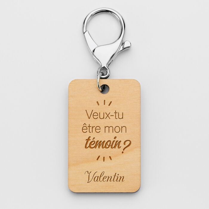 Porte clé EVG personnalisé gravé bois médaille rectangle 55x35 mm - Veux tu être mon témoin