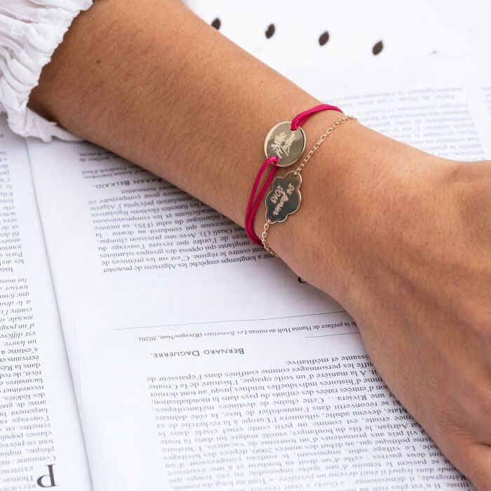 Bracelet EVJF personnalisé médaille gravée plaqué or 2 trous 15mm - Mlle Madame