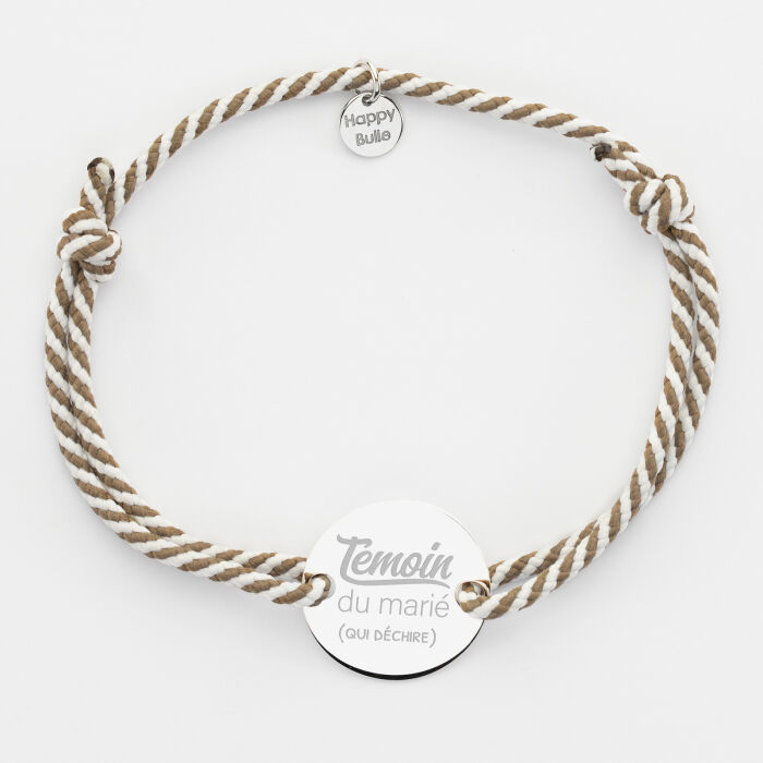 Bracelet personnalisé cordon marin tressé médaille gravée argent 2 trous 20 mm - Témoin homme - Témoin du marié