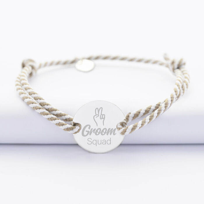 Bracelet personnalisé cordon marin tressé médaille gravée argent 2 trous 20 mm - Témoin homme - Groom squad