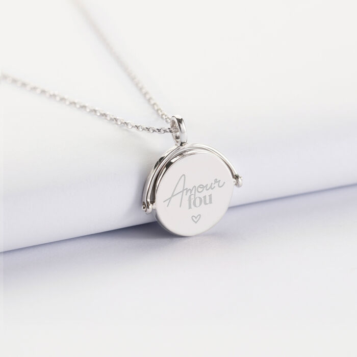 Pendentif Mariée personnalisé médaille gravée nacre réversible argent 15 mm - Amour fou