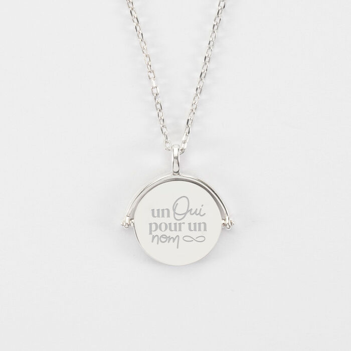 Pendentif Mariée personnalisé médaille gravée nacre réversible argent 15 mm - Un oui pour un nom infini